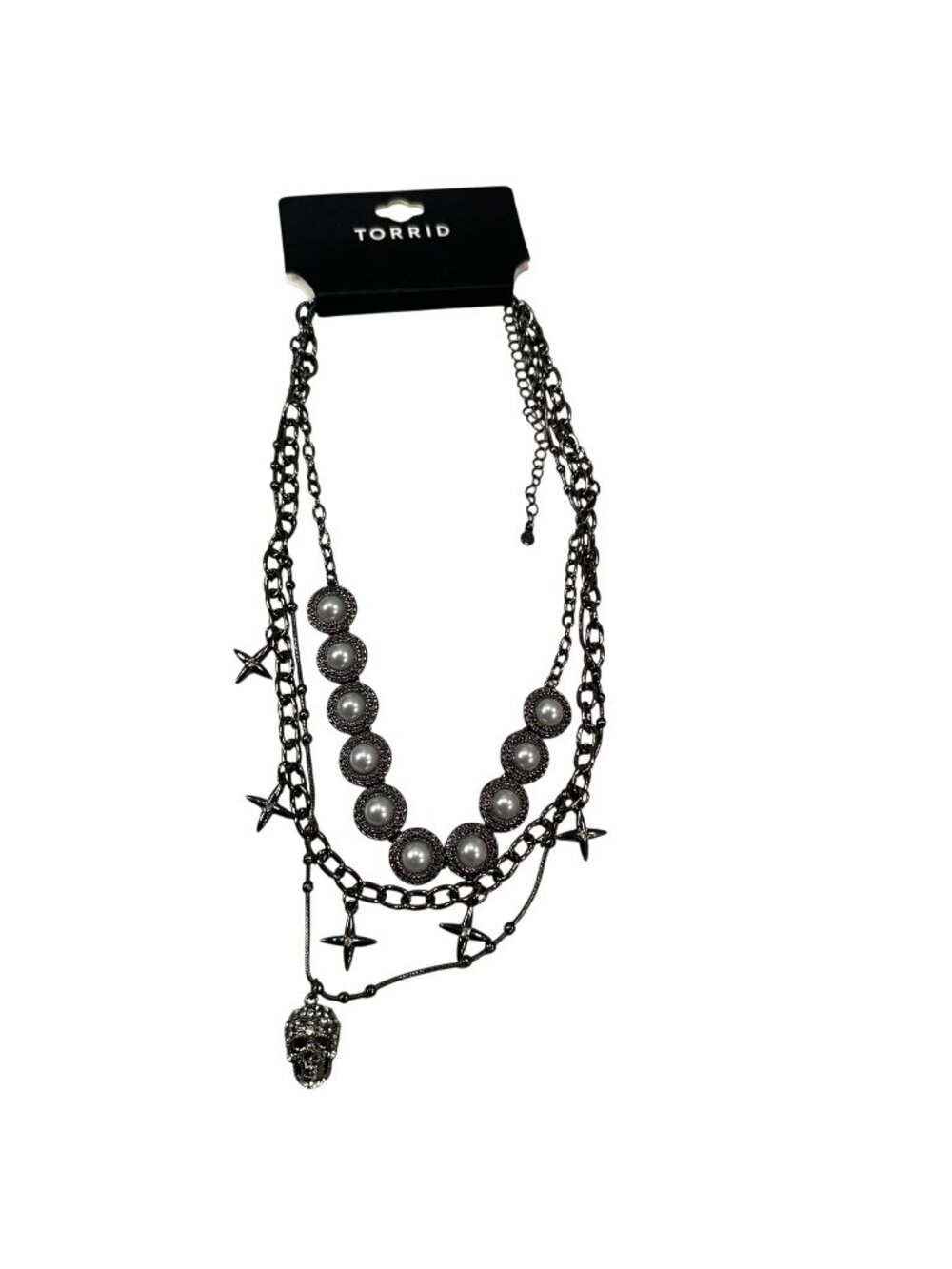 Torrid Layered Skull Pendant Necklace Gunmetal Faux Pearls Star Adjustable Chain